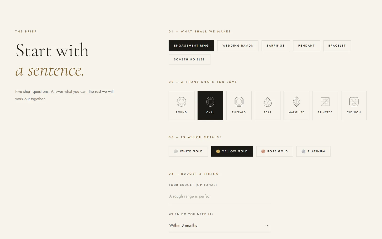 Ostelle concept store bespoke commission brief with an engagement ring, oval stone and yellow gold chosen