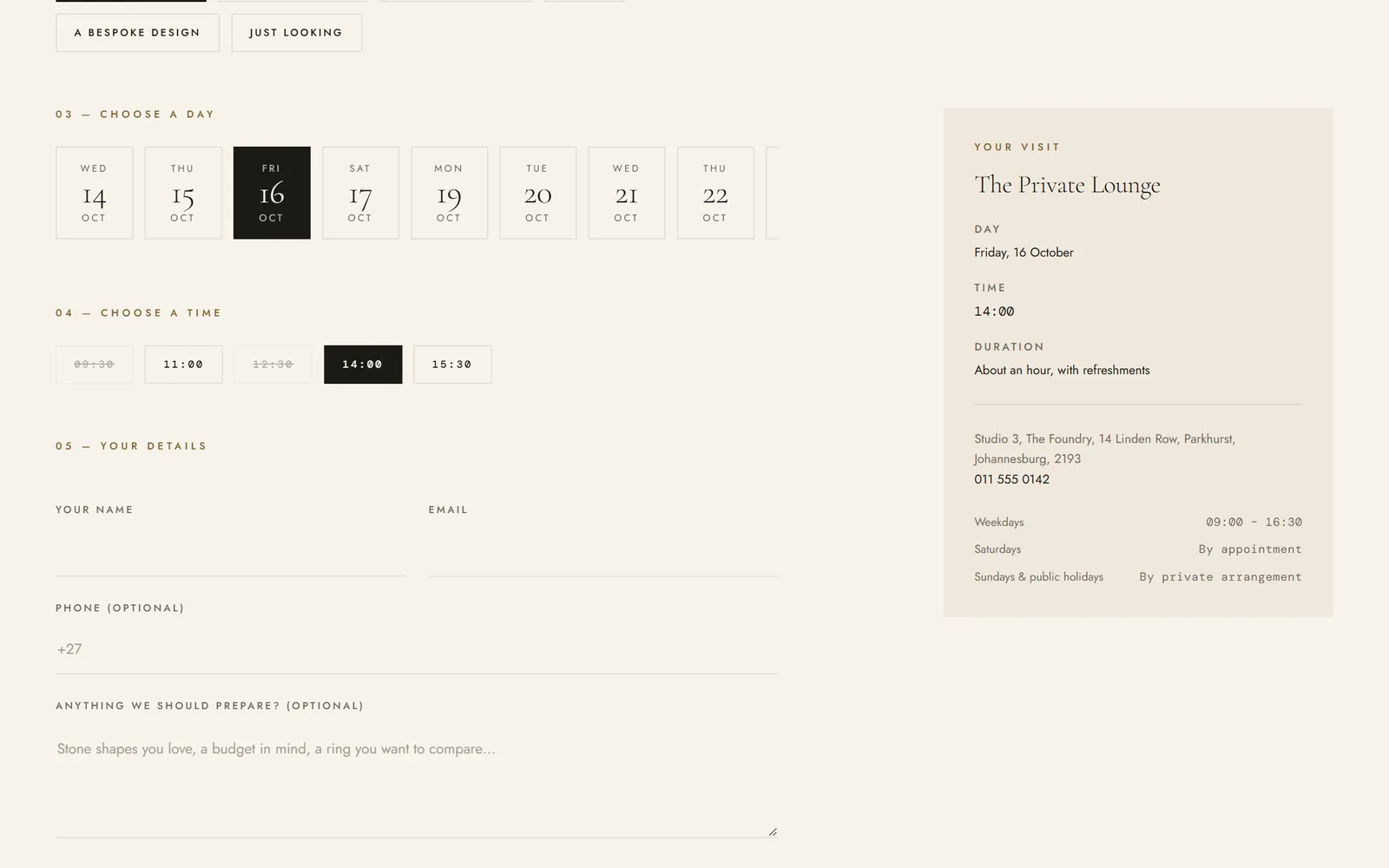 Ostelle concept store viewing booking with a day and time selected