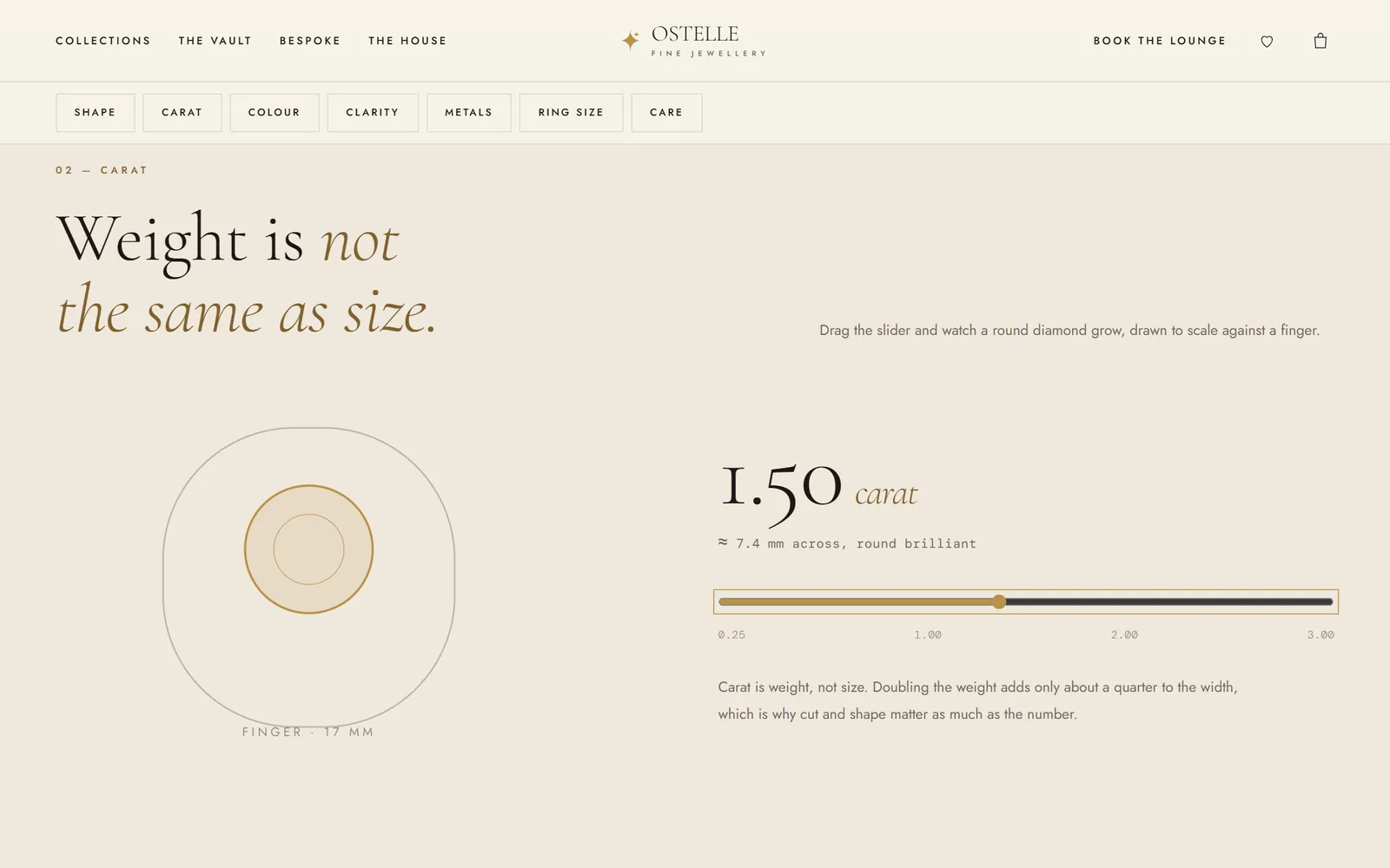 Ostelle concept store diamond guide with a carat slider drawing the stone to scale