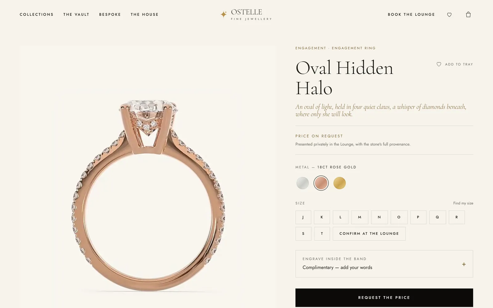 Ostelle concept store product page with the metal switcher set to rose gold, ring sizes and price on request