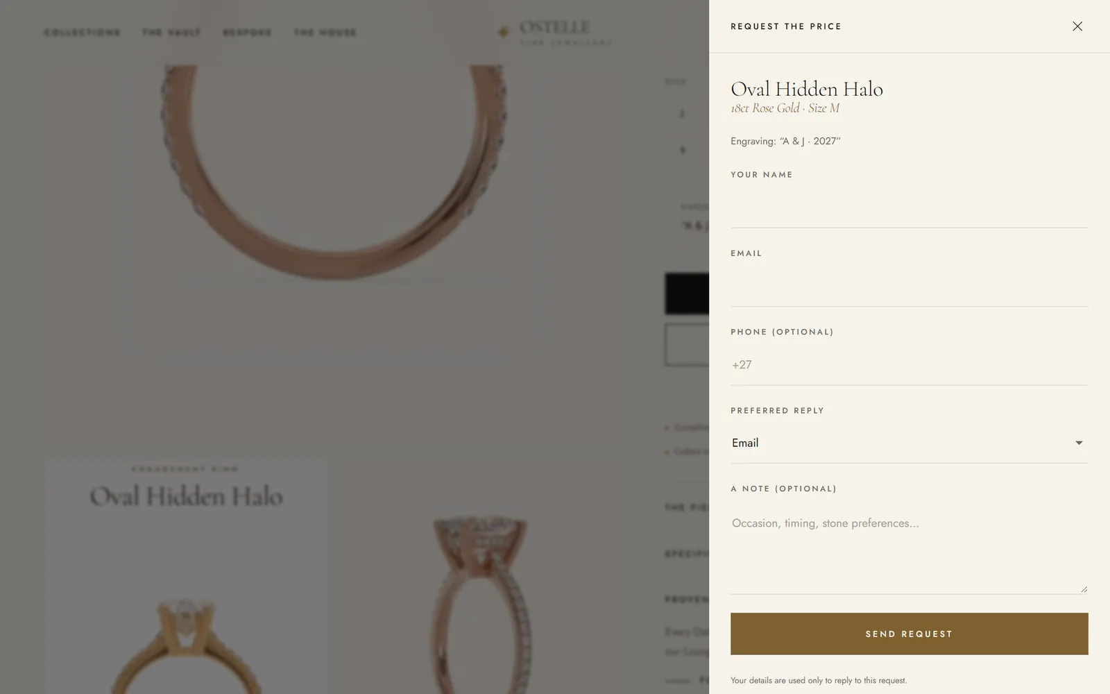 Ostelle concept store price request form showing the chosen ring, metal, size and engraving
