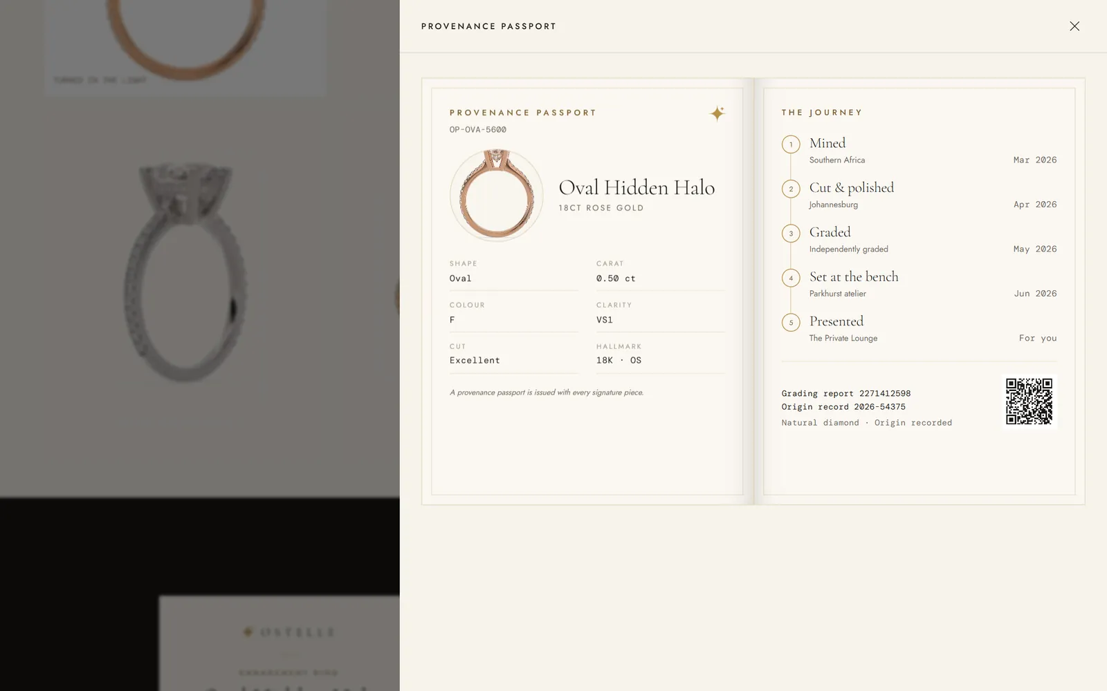 Ostelle concept store provenance passport with grading details and the stone’s journey
