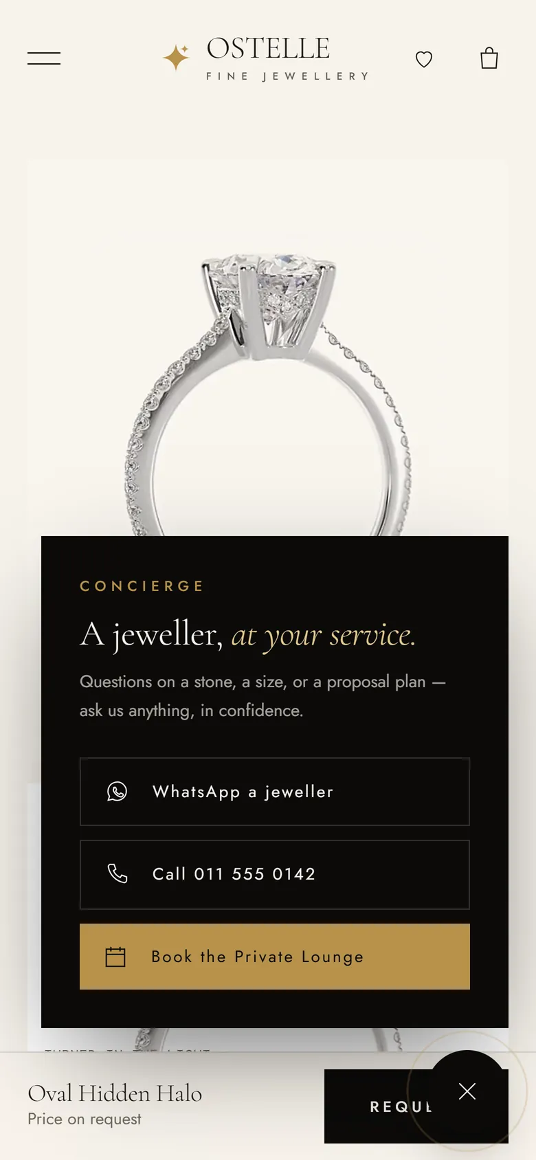 Ostelle concept store concierge panel on a phone with WhatsApp, call and booking options