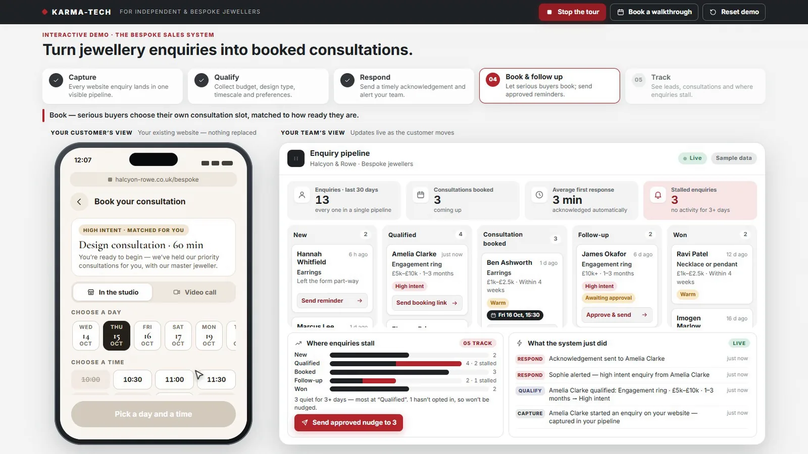 Bespoke Sales System demo, sample data: the customer picks a day and time for a design consultation.