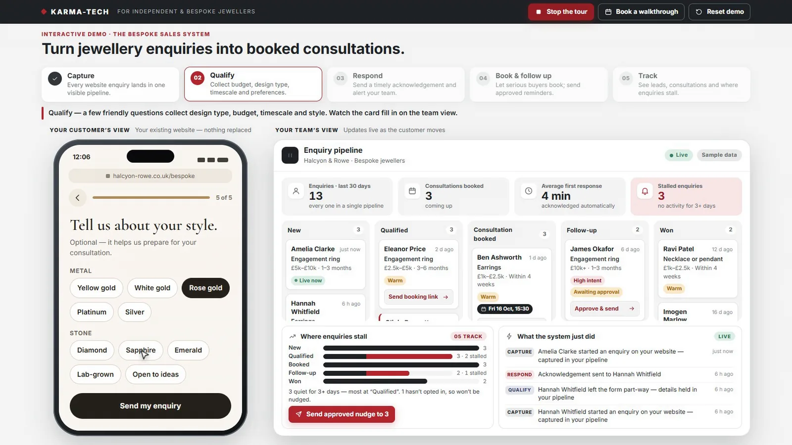 Bespoke Sales System demo, sample data: the customer chooses metal, stone and style while the team’s enquiry card fills in.
