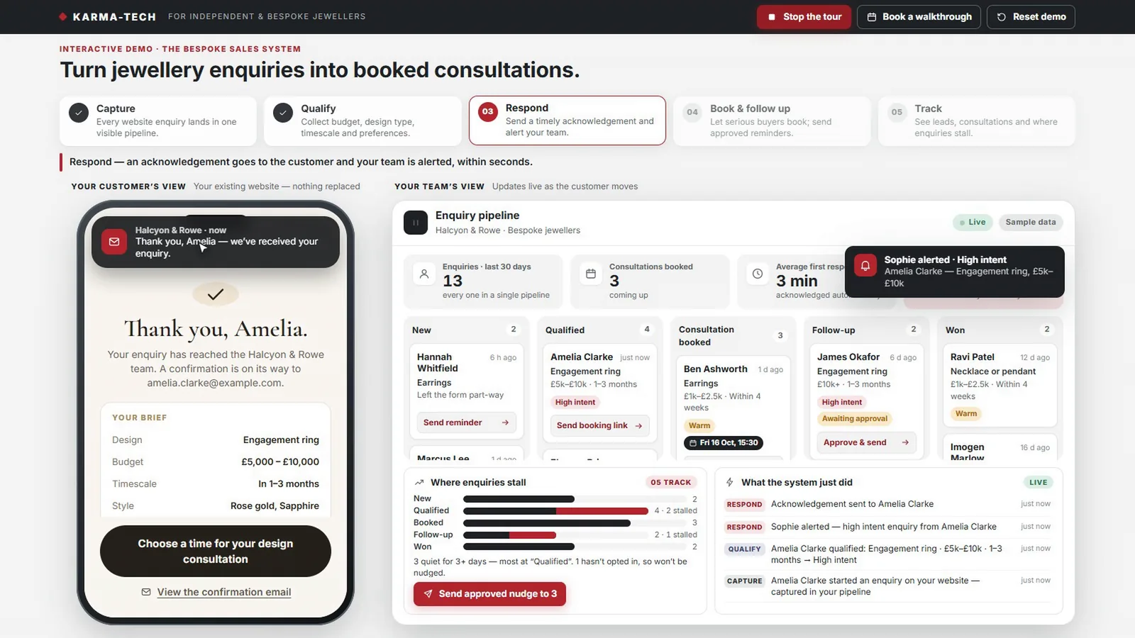 Bespoke Sales System demo, sample data: the acknowledgement email in the customer’s inbox, with the enquiry summary.