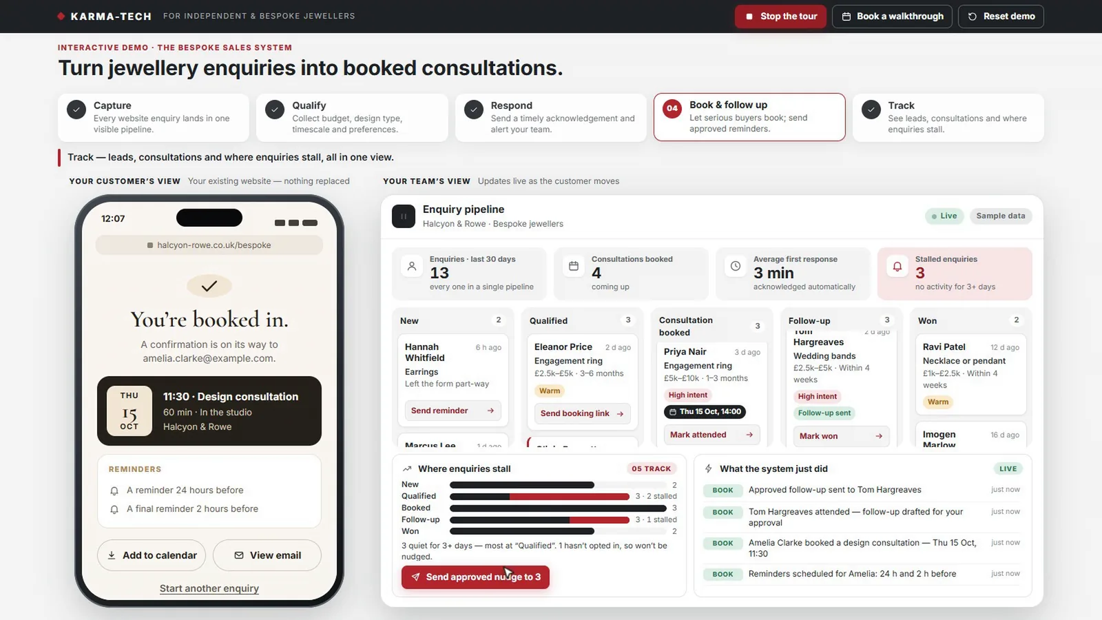 Bespoke Sales System demo, sample data: a booked consultation on the customer’s side and the team’s pipeline showing where enquiries stall.